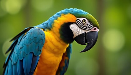 Fototapeta premium Colorful parrot with blue feathersClose-up of colorful birdBrightly colored tropical birdParrot with