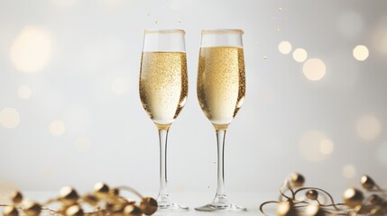 two champagne flutes with sparkling bubbles and festive background