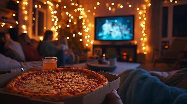 A relaxed family movie night scene with kids and parents enjoying pizza from an open box, drinks in hand, glowing TV screen in the background, cozy living room decor with pillows and blankets,