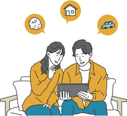 ソファーに座ってライフプランを立てる夫婦のシンプルイラスト
