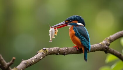 Blue bird with red beak holding fish on branch