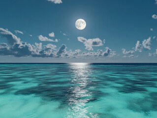 serene ocean view under a full moon with clear skies and gentle waves