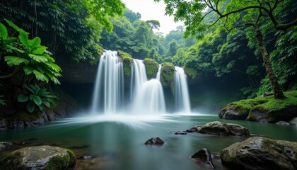 Green waterfall with misty spray amidst lush forest and moss-covered rocks