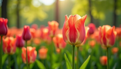 Obraz premium Rose garden in bloom with red and orange flowers