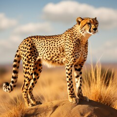 Obraz premium a cheetah standing majestically in a golden grassland under a blue sky