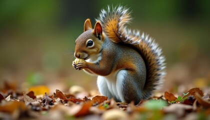 Grey squirrel with orange tail nibbles nut on colorful leaves