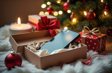 Smartphone gift in festive setting with christmas tree and candlelight