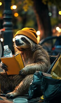 A sloth wearing a beanie hat and holding a book, sitting with a water bottle, a backpack, and a basket of apples.