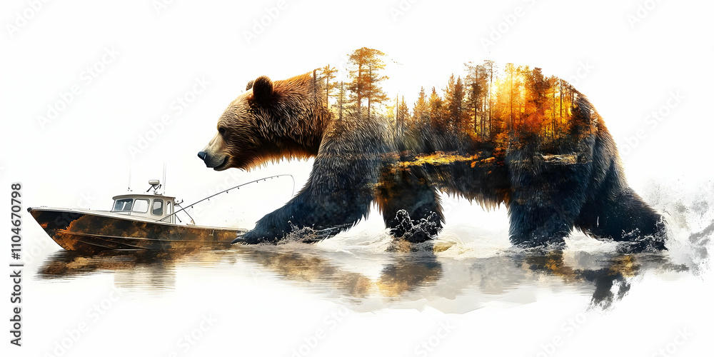 Aufkleber a surreal image of a bear walking through water with a forest and boat integrated into its form.