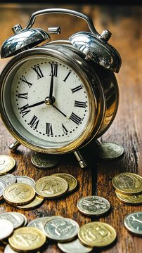 Time and money converge with a vintage clock alongside scattered coins on a wooden surface in a cozy setting