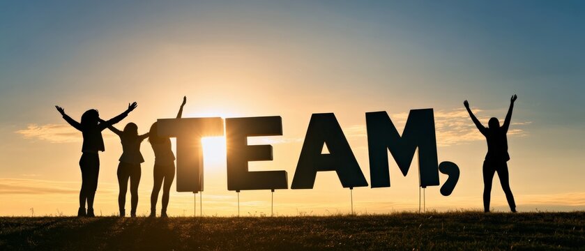 silhouetted figures celebrating teamwork against a sunset backdrop