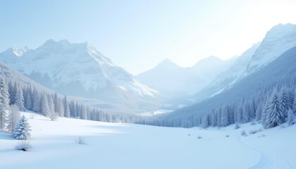 Snowy mountains with a white sky