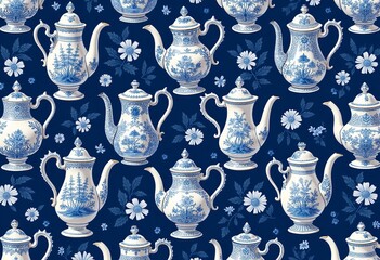 Chinoiserie Vintage Teacups and Decorative Vessels: Detailed Floral Illustrations on Navy Blue Background
