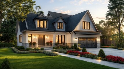 beautiful modern house with landscaped garden at sunset