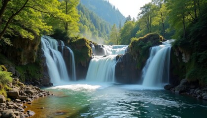 Fototapeta premium Waterfall cascading down rocky cliff into serene green river, surrounded by lush trees under sunny sky
