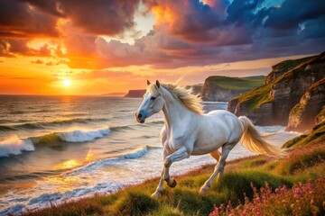 Fototapeta premium Majestic White Horse Galloping Along the Scenic Welsh Coastline at Sunset with Dramatic Cliffs and Crystal Clear Waters
