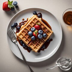 Irresistible waffle stacked with fresh strawberries and blueberries. Berry sauce enhances the flavor, making it great for showcasing brunch ideas and dessert menus.