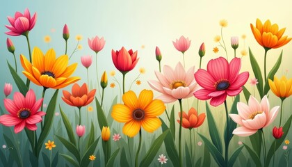 Obraz premium Colorful bouquet of flowers in a field with blue sky background