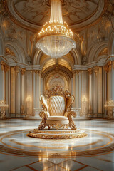 A stunning golden throne sits majestically in an extravagant palace, illuminated by a sparkling chandelier above