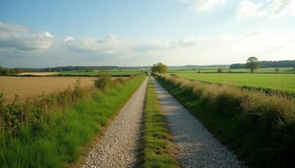 A winding gravel path in a field with clouds in the sky