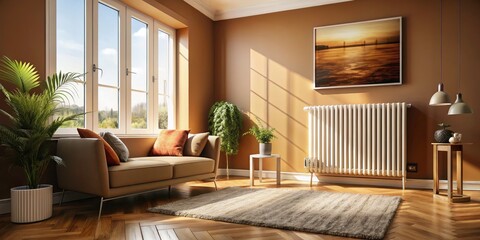 Fototapeta premium Modern Heating Radiator in a Cozy Interior with Copy Space for Home Heating Solutions and Energy Efficiency Tips