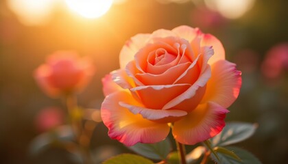 Close-up of a pink rose with sunlight shining on itSunlit rose petals with contrasting colorsBrightly