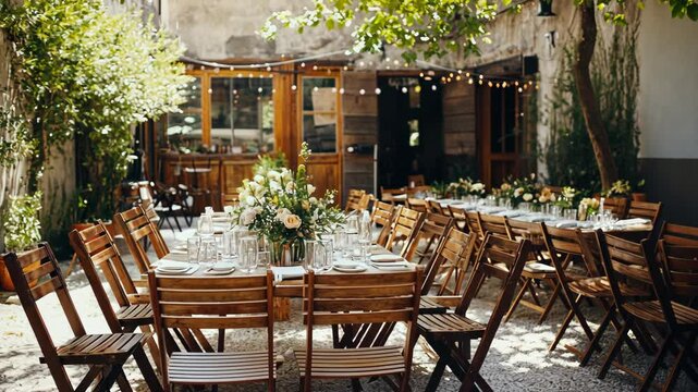 Outdoor dining setup in a charming courtyard with wooden tables and lush greenery