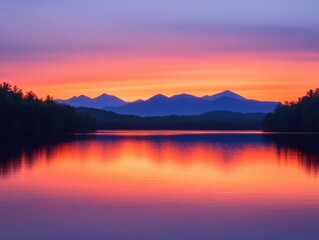 Obraz premium serene sunset over calm lake with mountain reflections