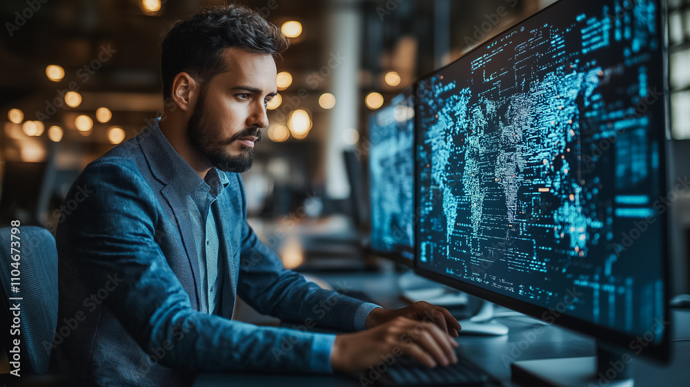 Poster a man is sitting in front of two computer monitors, one of which is displaying a map. he is typing o