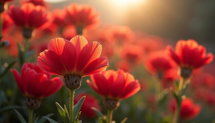 Blooming red flowers in field at sunrise