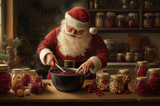 A festive scene featuring Santa Claus engaged in home canning and preserving fruits. He expertly prepares delicious treats for the holiday season, showcasing his cooking skills.