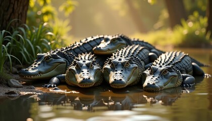 Four crocodiles resting near a riverbank