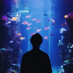 Fototapeta premium silhouette of a person observing colorful fish in an aquarium
