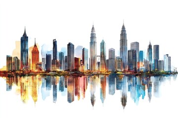 Obraz premium Malaysian buildings in Kuala Lumpur are shown against a white backdrop. Generative Ai