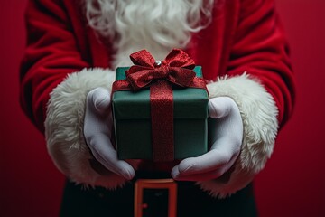 A hand in a Santa Claus costume holding a green gift box with a red ribbon on a red solid background. symbolizing Christmas and festive cheer