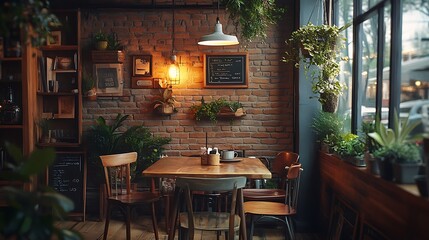 A rustic coffee shop corner, featuring a small wooden table with mismatched chairs, potted plants hanging from the ceiling, and an industrial light casting a soft glow,