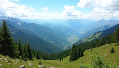 Fototapeta premium Mountainous landscape with lush green trees on a sunny day