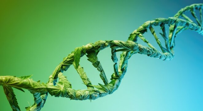 Green double helix of DNA made from cannabis leaves
