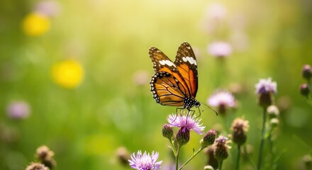 Naklejka premium Monarch butterfly perched on purple wildflowers in sunny meadow
