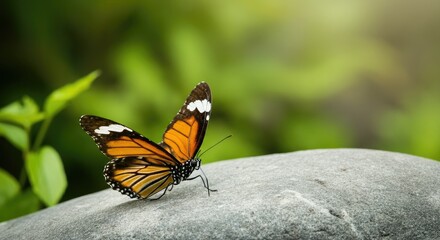 Obraz premium Monarch butterfly resting on rock in nature