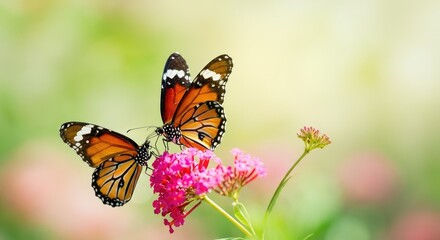 Fototapeta premium Two monarch butterflies on vibrant pink flowers in garden setting