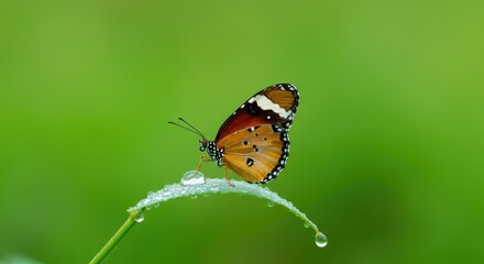 Obraz premium Orange and black butterfly perched on wet leaf with blurred green background