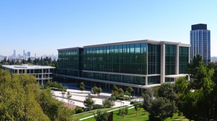 Obraz premium modern office building surrounded by greenery and clear blue sky