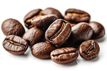 Obraz premium Isolation of freshly roasted coffee beans on a white backdrop. Generative Ai