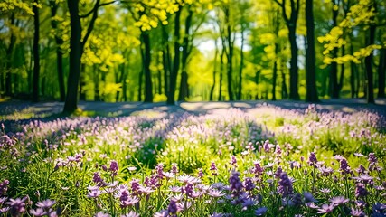 Obraz premium Serene Woodland Meadow with Delicate Purple Blossoms Basking in Sunlight