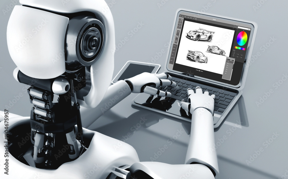 Poster electric car design software on computer screen showing simulation blueprint snugly by digital calcu