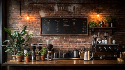 A rustic menu board hanging on a weathered brick wall, detailed with chalk script, antique coffee jars and cups on a polished wooden counter, potted plants adding charm,