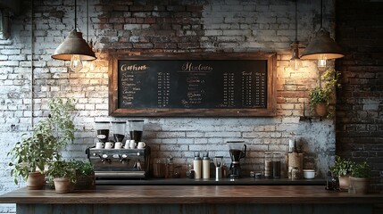 A rustic menu board hanging on a weathered brick wall, detailed with chalk script, antique coffee jars and cups on a polished wooden counter, potted plants adding charm,