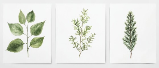 collection of botanical illustrations featuring various green leaves