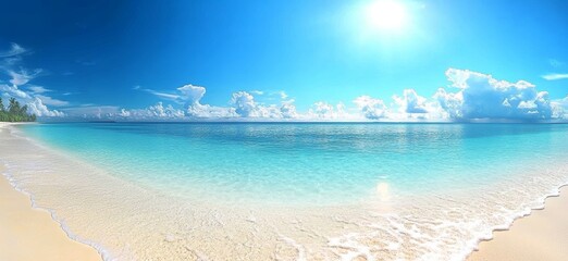Tropical Beach Scene with White Sand and Turquoise Ocean under Clear Blue Sky and Fluffy Clouds